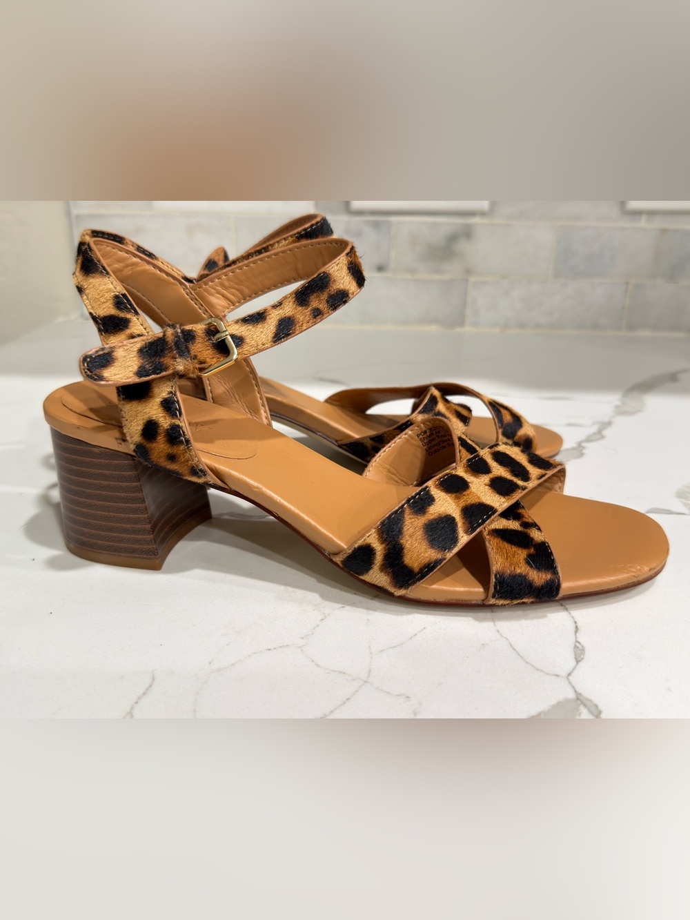 J.Crew Leopard Calf Hair Low Block-Heel Sandals. Size 8
